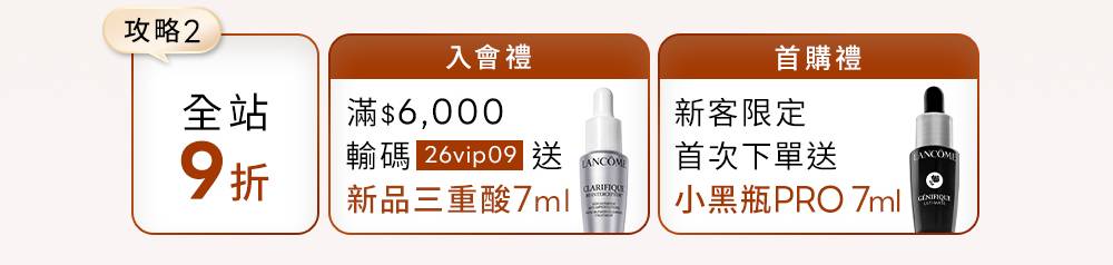 全站9折；入會滿6,000元輸碼26vip09送新品三重酸7ml；新客首次下單送小黑瓶PRO 7ml