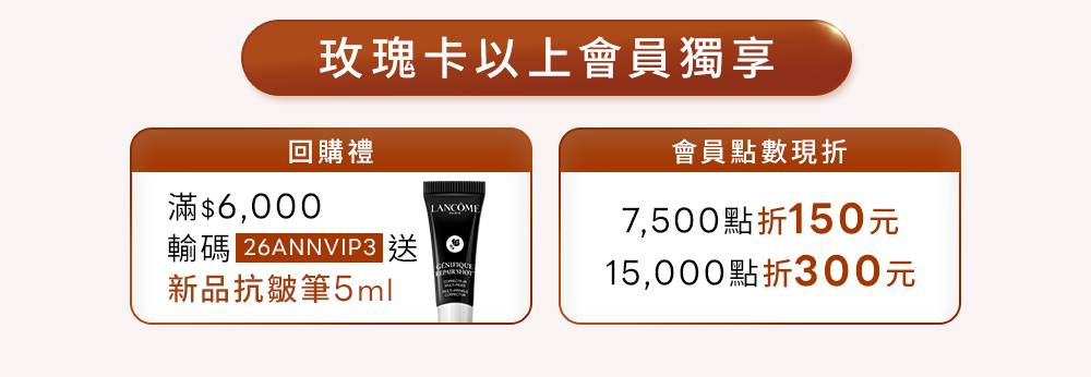 玫瑰卡以上會員獨享：滿6,000元輸碼26ANNVIP3送新品抗皺筆5ml；7,500點折150元、15,000點折300元